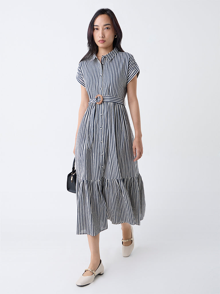 LOV Navy Striped Shirt Dress with Belt