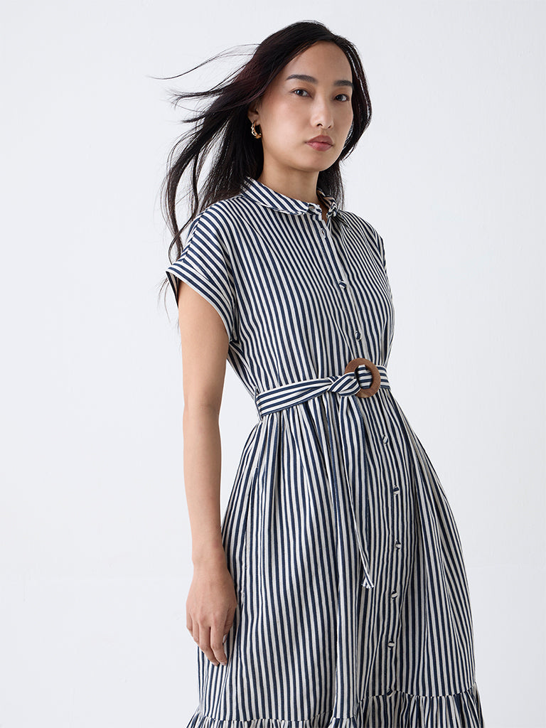 LOV Navy Striped Shirt Dress with Belt