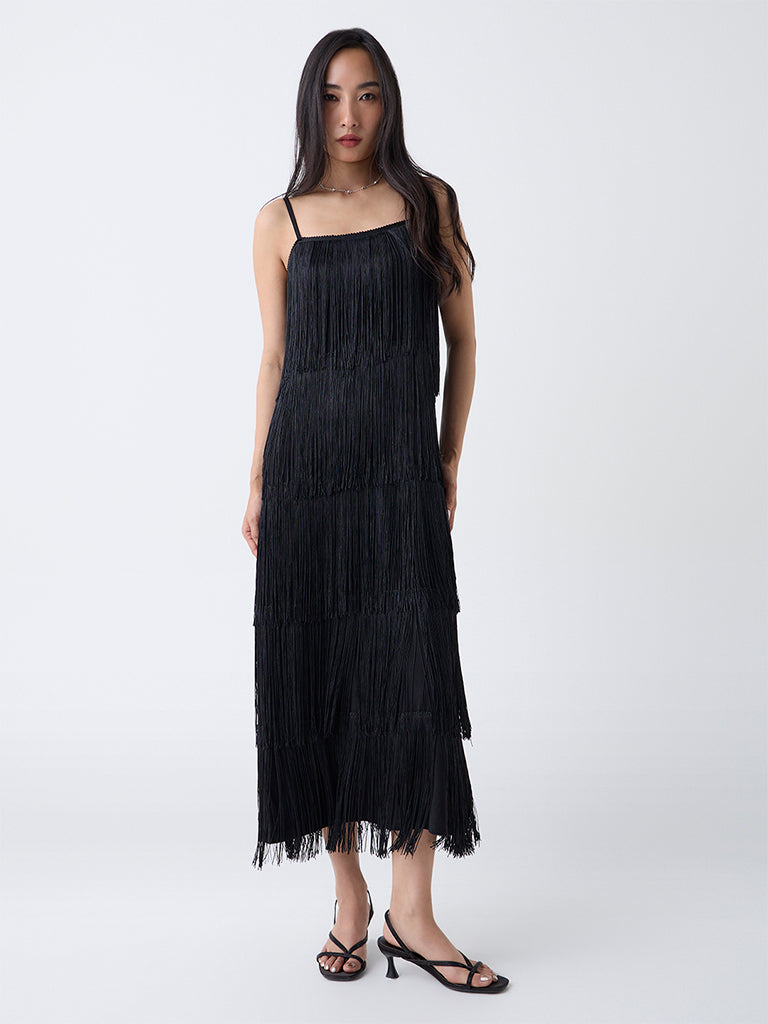 LOV Black Fringe-Detailed Straight Dress