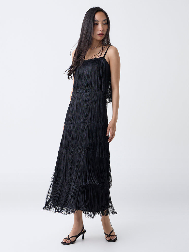 LOV Black Fringe-Detailed Straight Dress