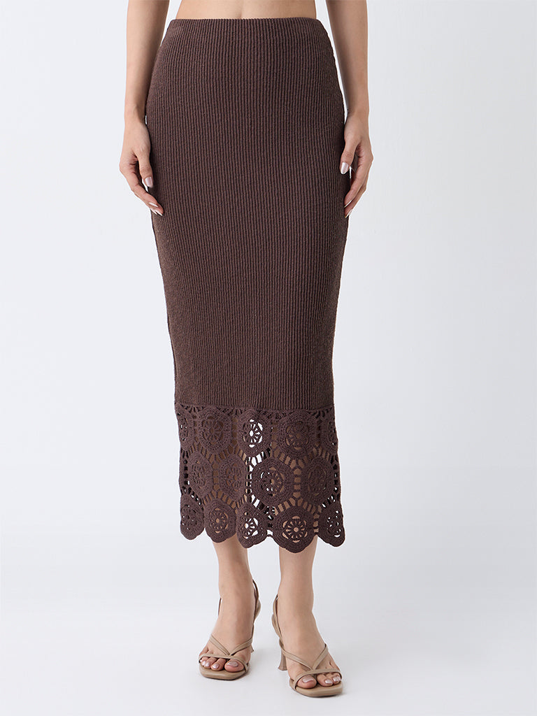 LOV Dark Brown Crochet-Detailed Ribbed High-Rise Cotton-Blend Skirt