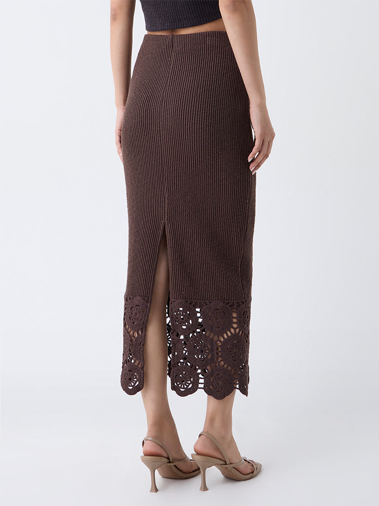 LOV Dark Brown Crochet-Detailed Ribbed High-Rise Cotton-Blend Skirt