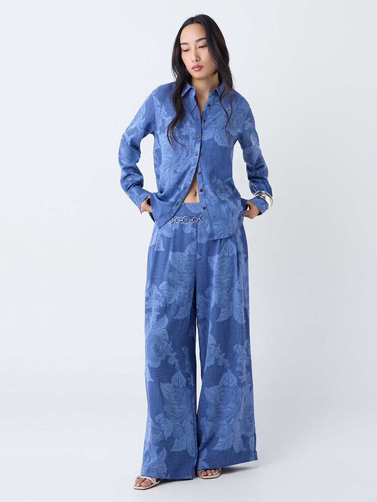 LOV Blue Floral Detailed High-Rise Flared Pants