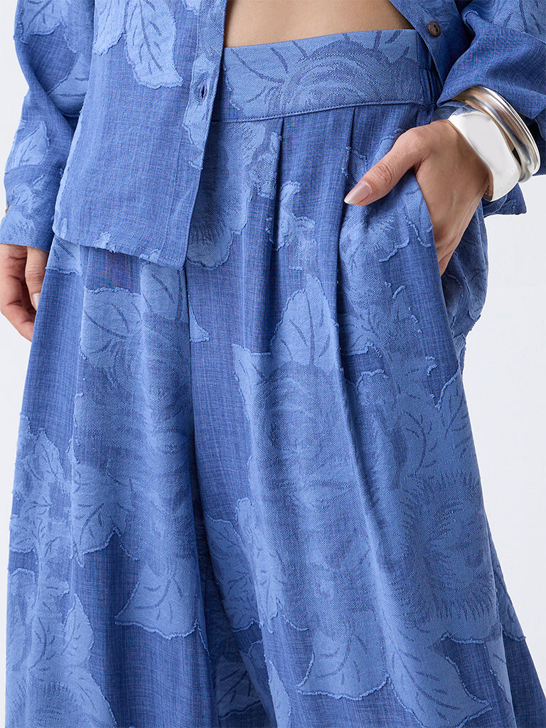 LOV Blue Floral Detailed High-Rise Flared Pants