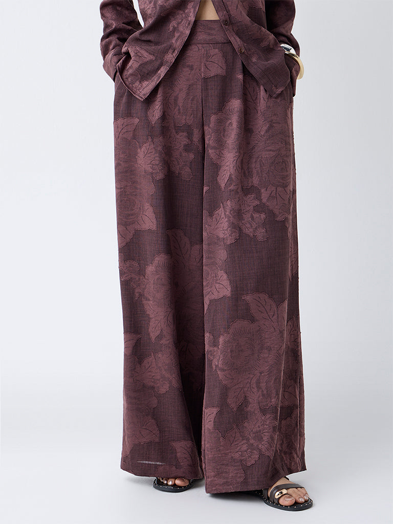 LOV Dark Brown Floral Design High-Rise Pants