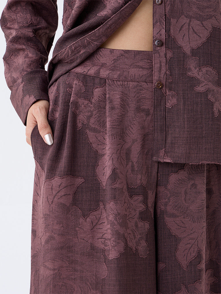 LOV Dark Brown Floral Design High-Rise Pants