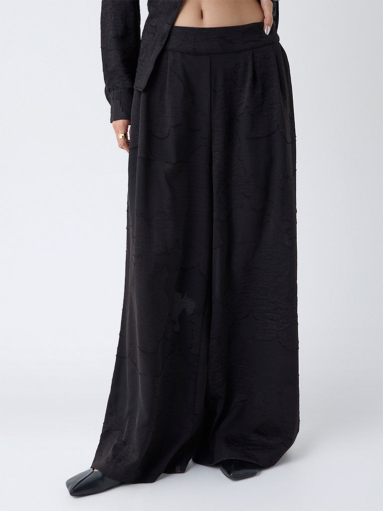 LOV Black Floral Design High-Rise Trousers