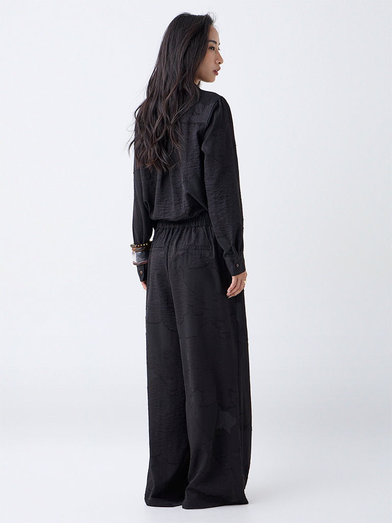 LOV Black Floral Design High-Rise Trousers