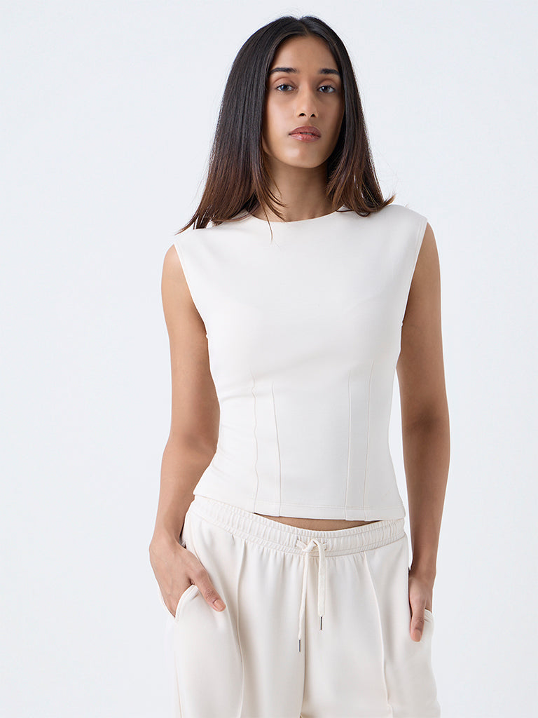 LOV Cream Solid Cotton-Blend T-Shirt