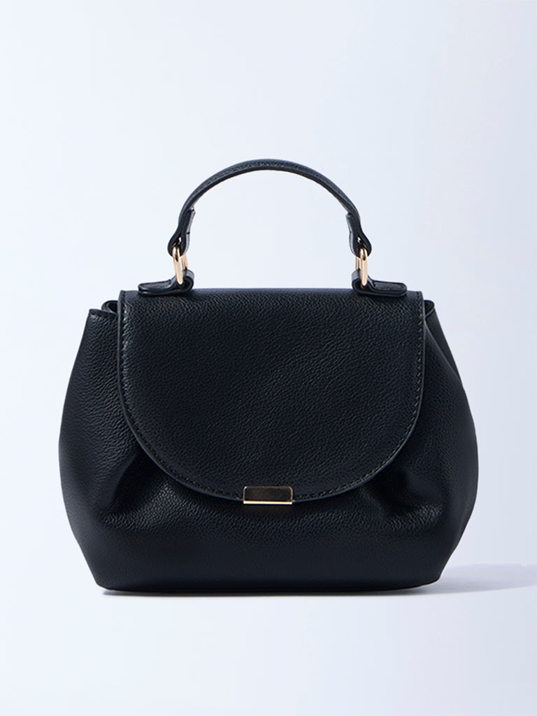 Westside Black Textured Satchel Bag with Sling Handle