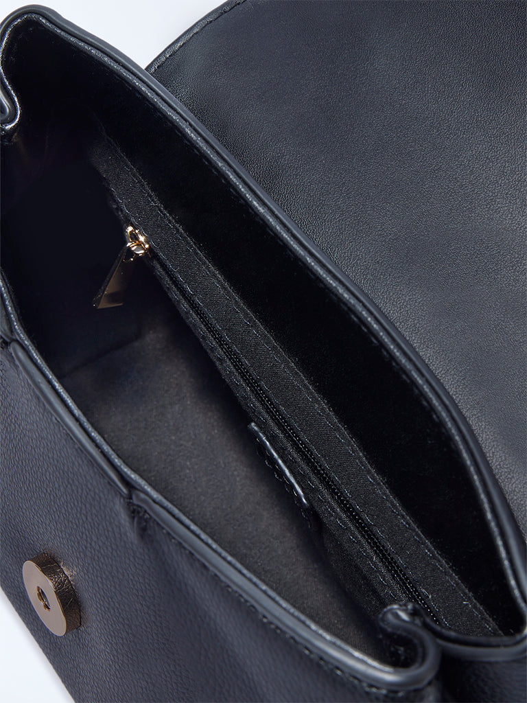 Westside Black Textured Satchel Bag with Sling Handle
