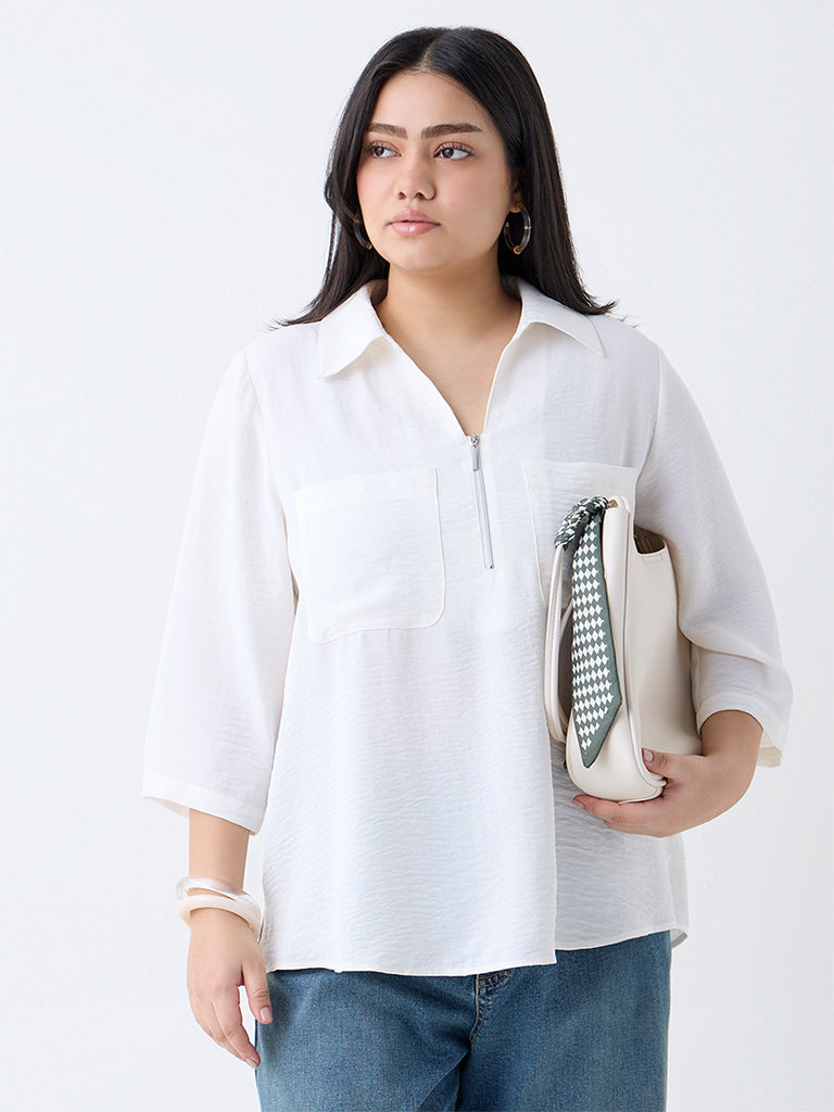 Gia White Crinkle-Textured Quarter-Zip Blouse