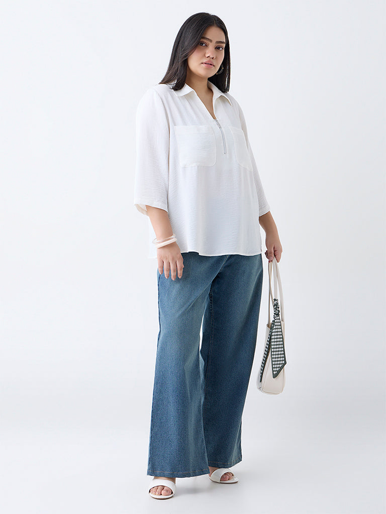 Gia White Crinkle-Textured Quarter-Zip Blouse