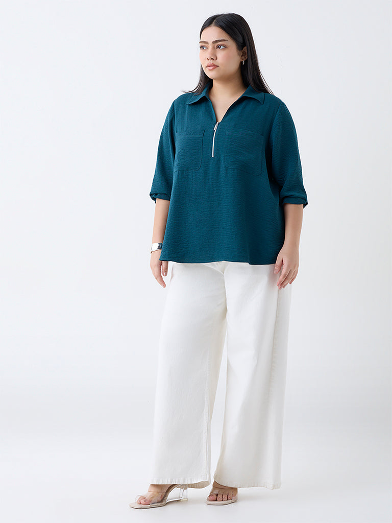 Gia Dark Teal Crinkle-Textured Quarter-Zip Blouse