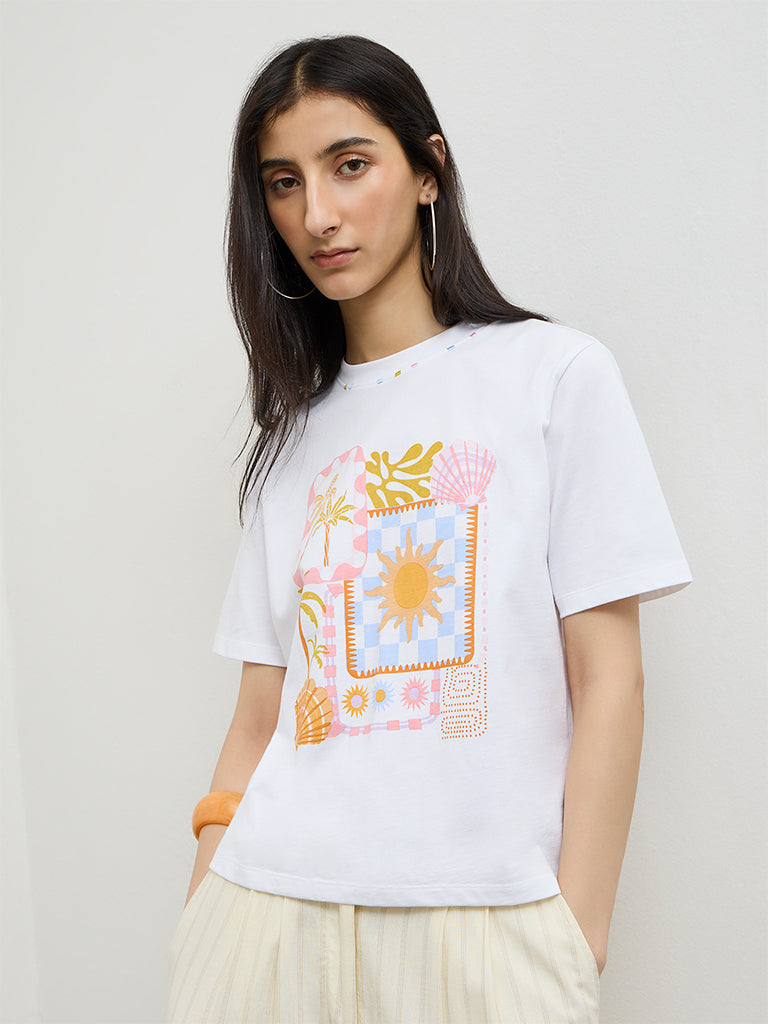 Nuon White Printed Cotton T-Shirt