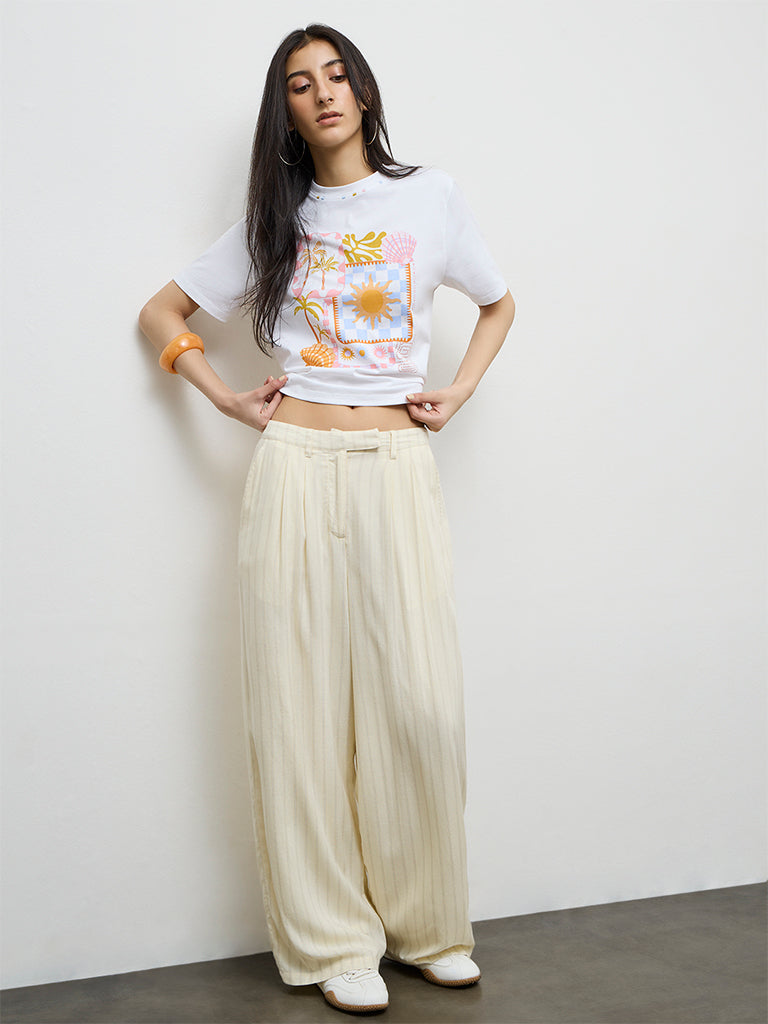 Nuon White Printed Cotton T-Shirt