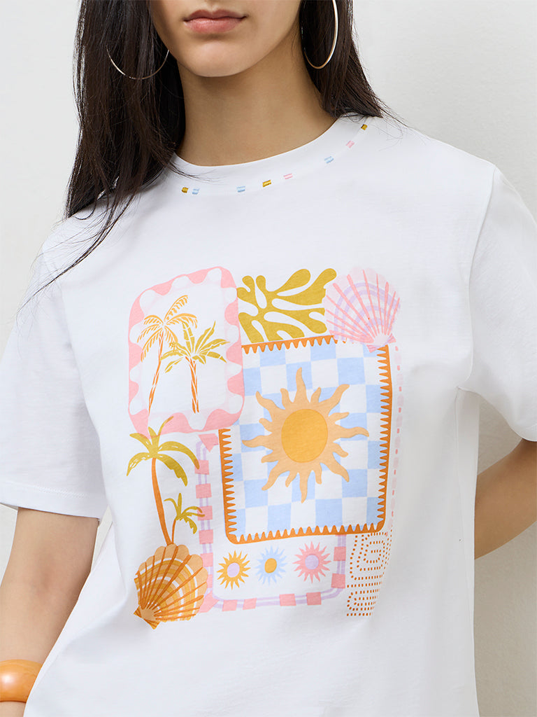Nuon White Printed Cotton T-Shirt