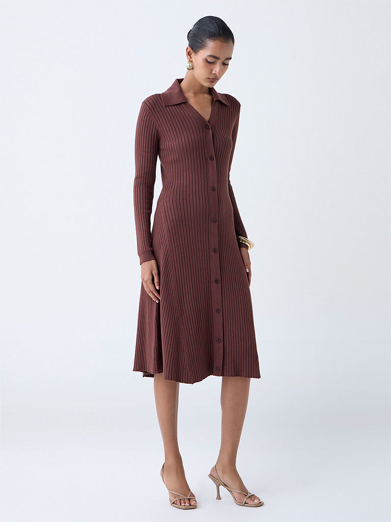 Wardrobe Brown Ribbed Shirt Dress