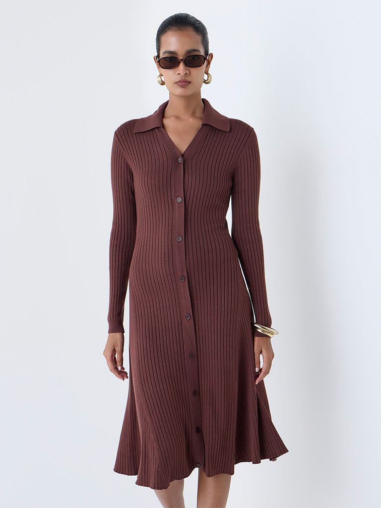 Wardrobe Brown Ribbed Shirt Dress