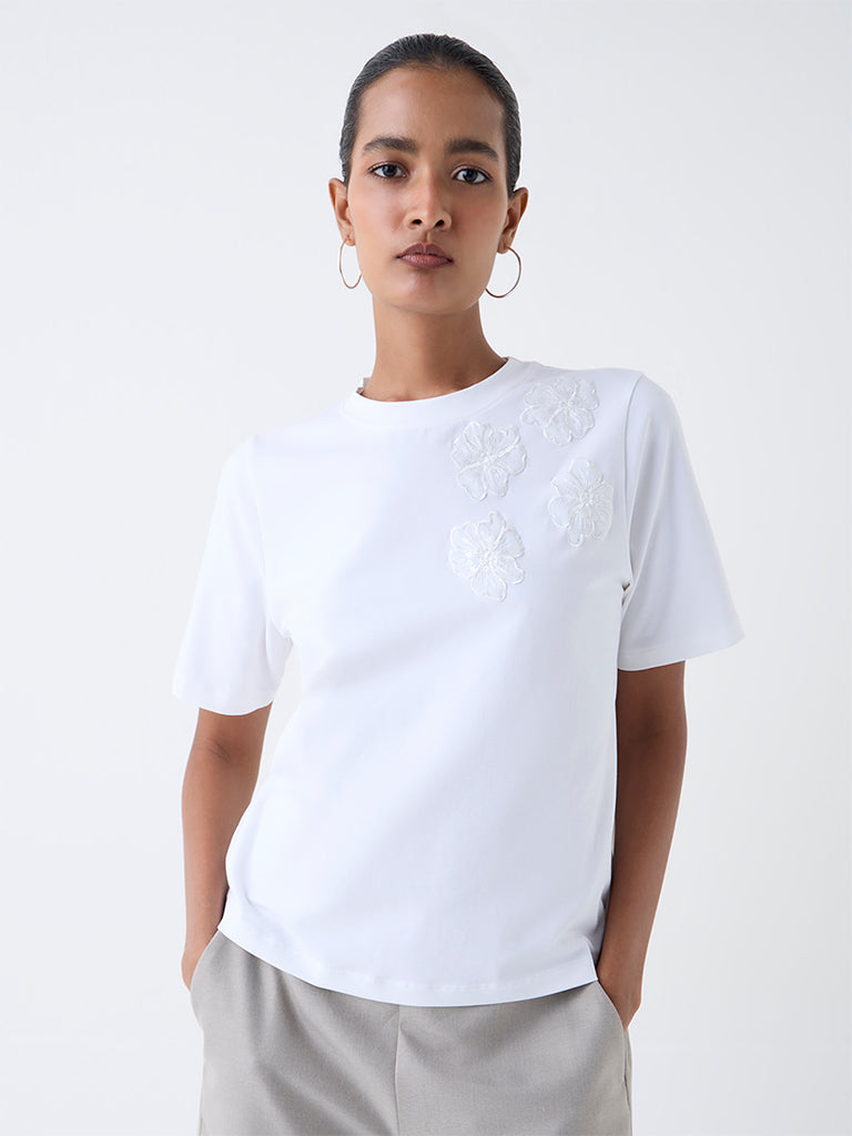 Wardrobe White Floral Embroidered T-Shirt