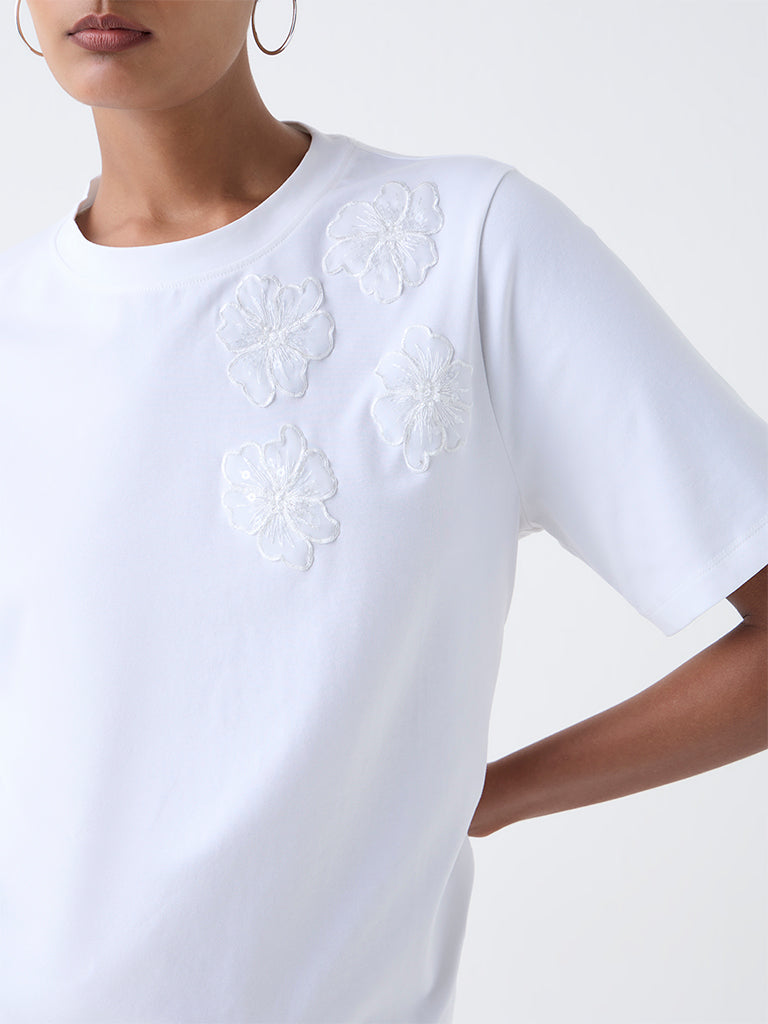 Wardrobe White Floral Embroidered T-Shirt