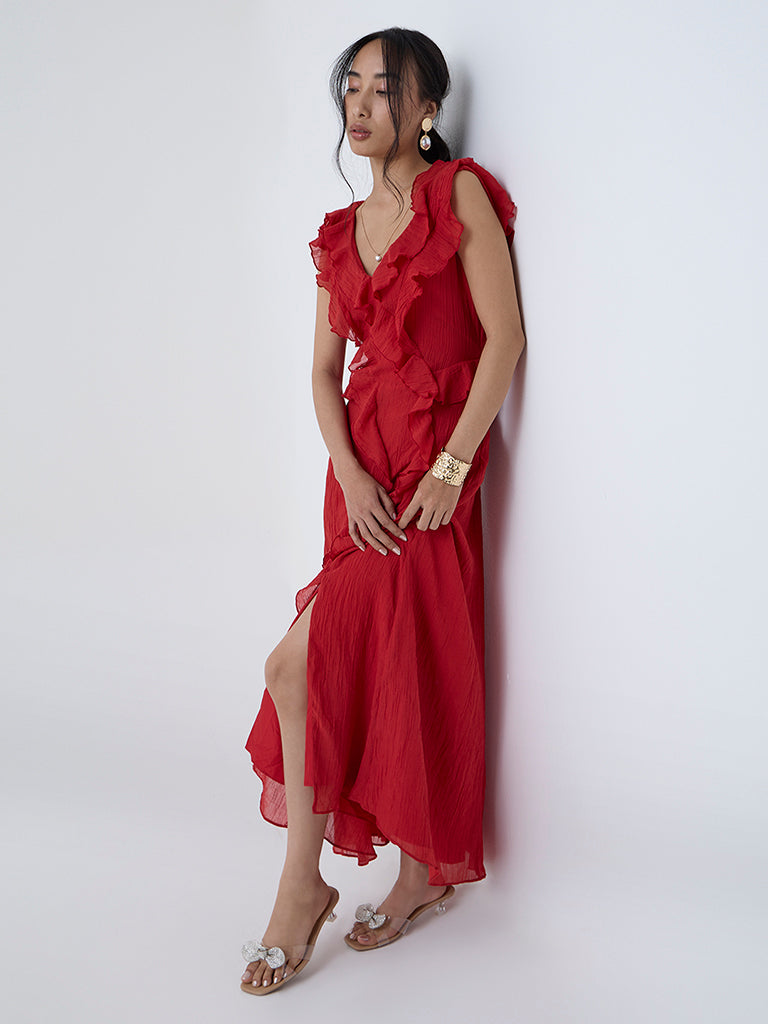 LOV Red Ruffle Detailed A-Line Cotton Dress