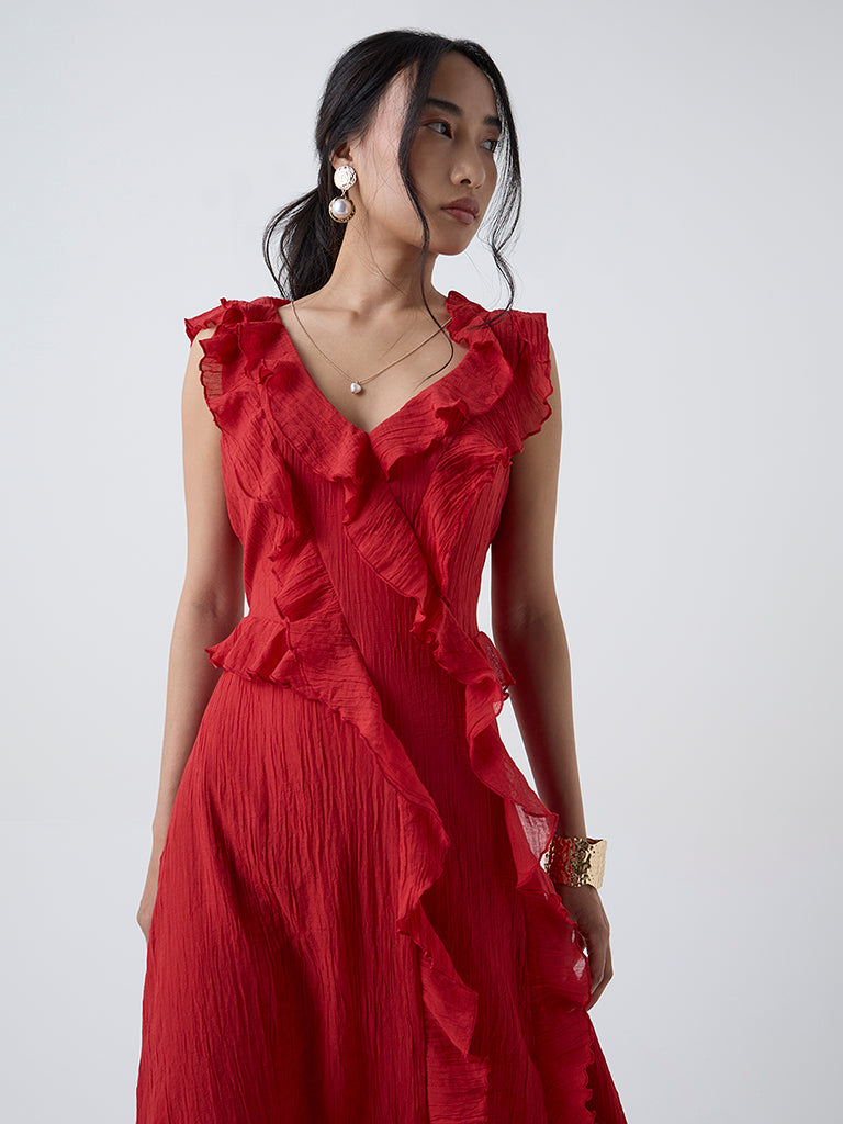 Buy LOV Red Ruffle Detailed A-Line Dress from Westside