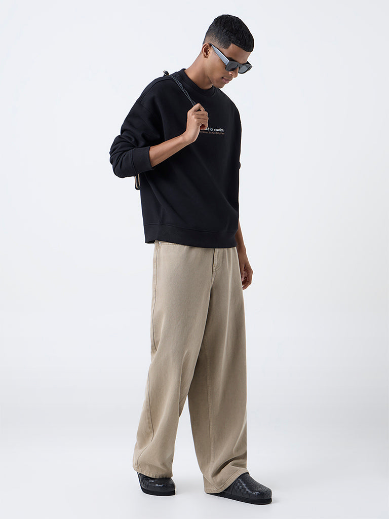 Nuon Black Text Design Relaxed-Fit Cotton-Blend Sweatshirt