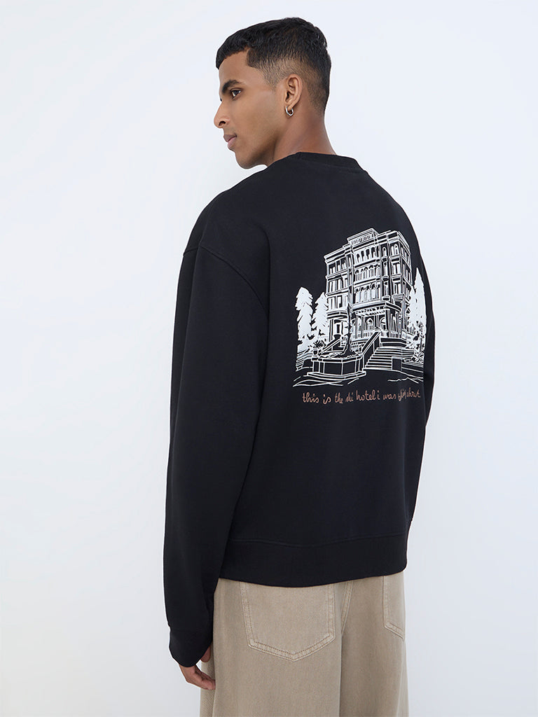 Nuon Black Text Design Relaxed-Fit Cotton-Blend Sweatshirt