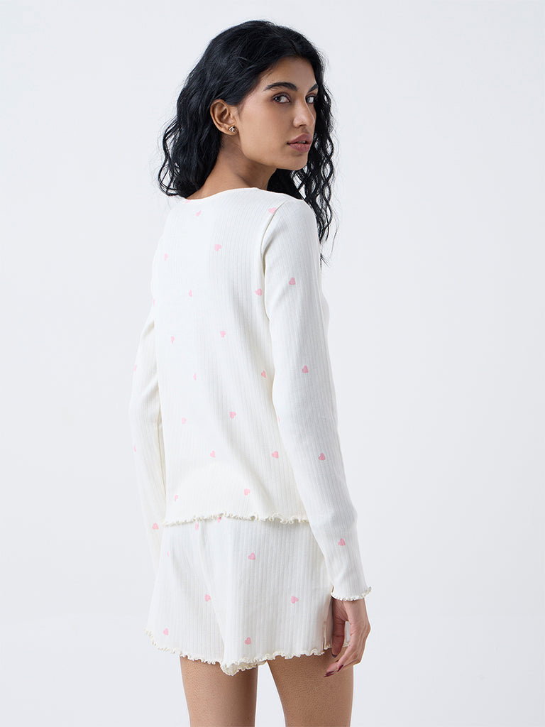 Superstar White Heart-Printed Cotton-Blend Top