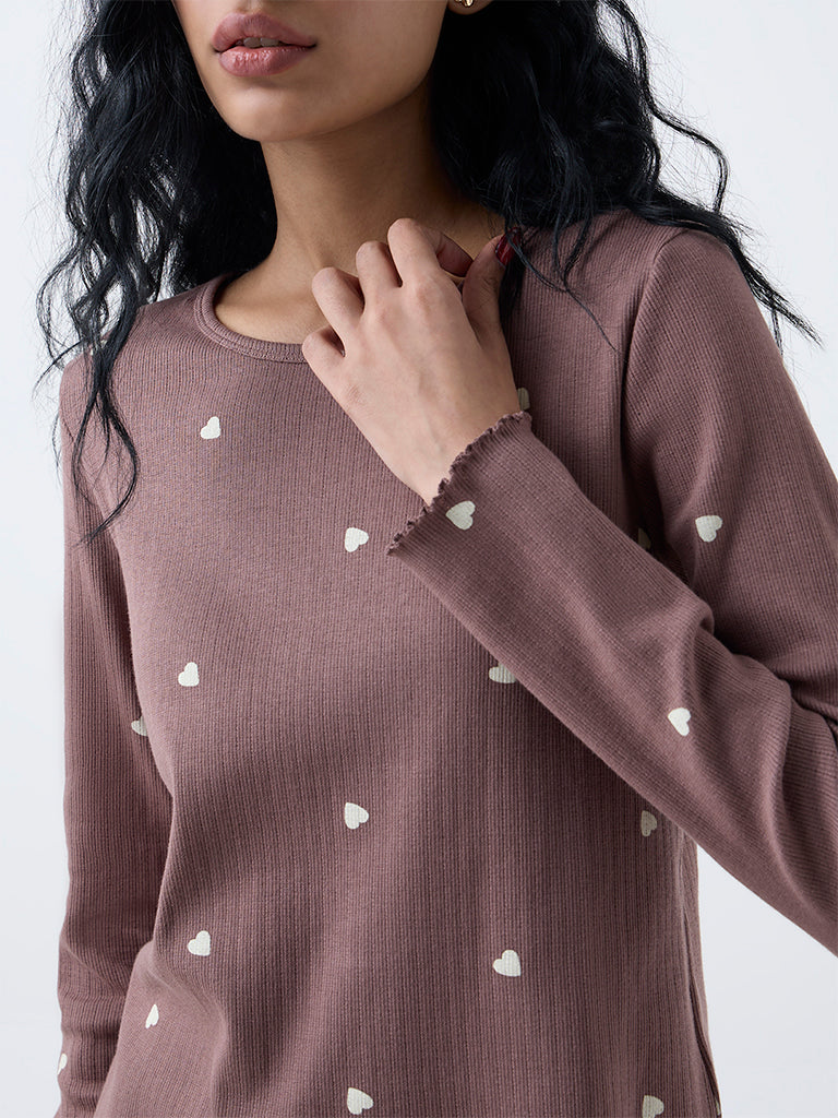 Superstar Brown Heart-Printed Cotton-Blend Top