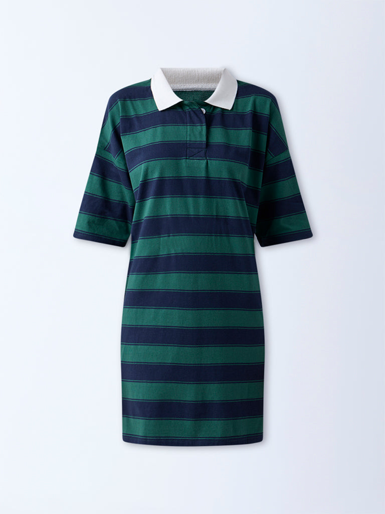 Superstar Green Striped Drop Shoulder Cotton T-Shirt Dress
