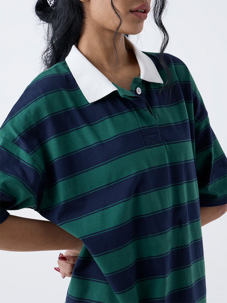 Superstar Green Striped Drop Shoulder Cotton T-Shirt Dress