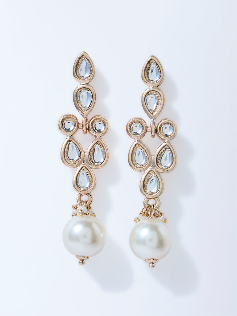 Westside Accessories Gold Stone and Pearl Detailed Dangler Earrings