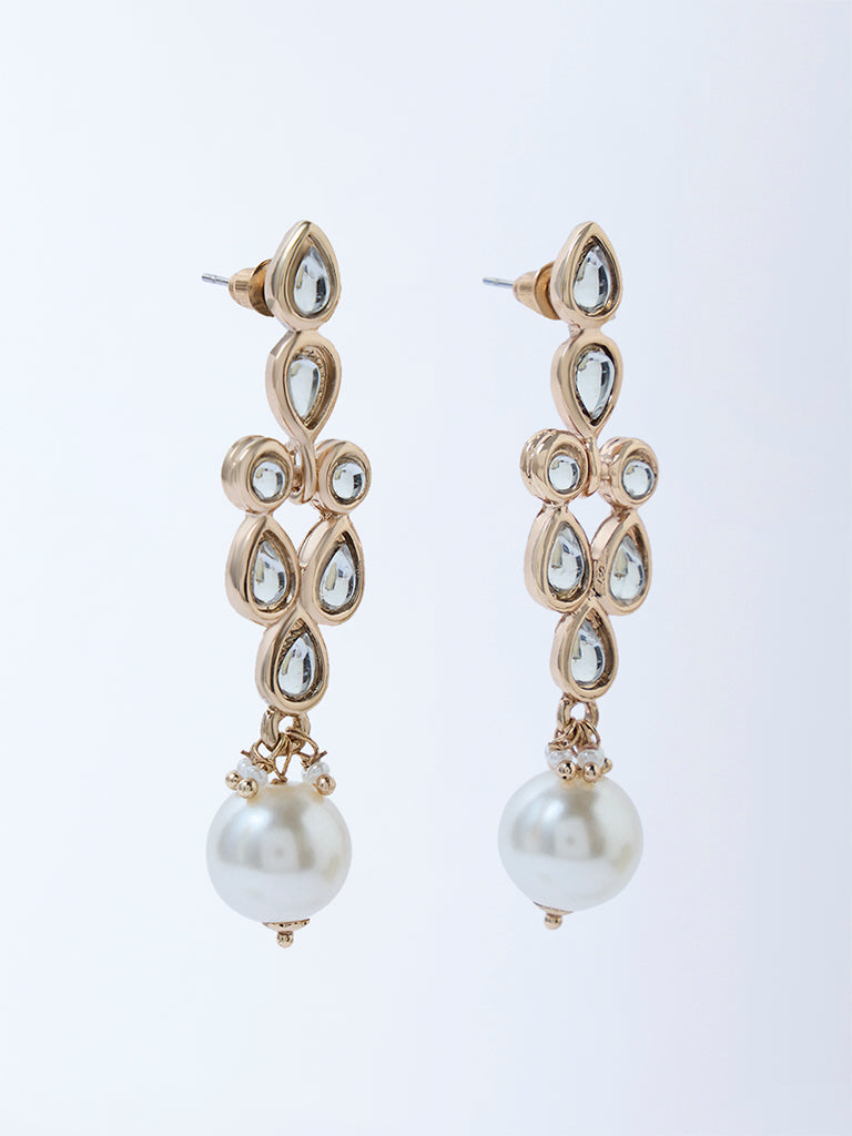 Westside Accessories Gold Stone and Pearl Detailed Dangler Earrings