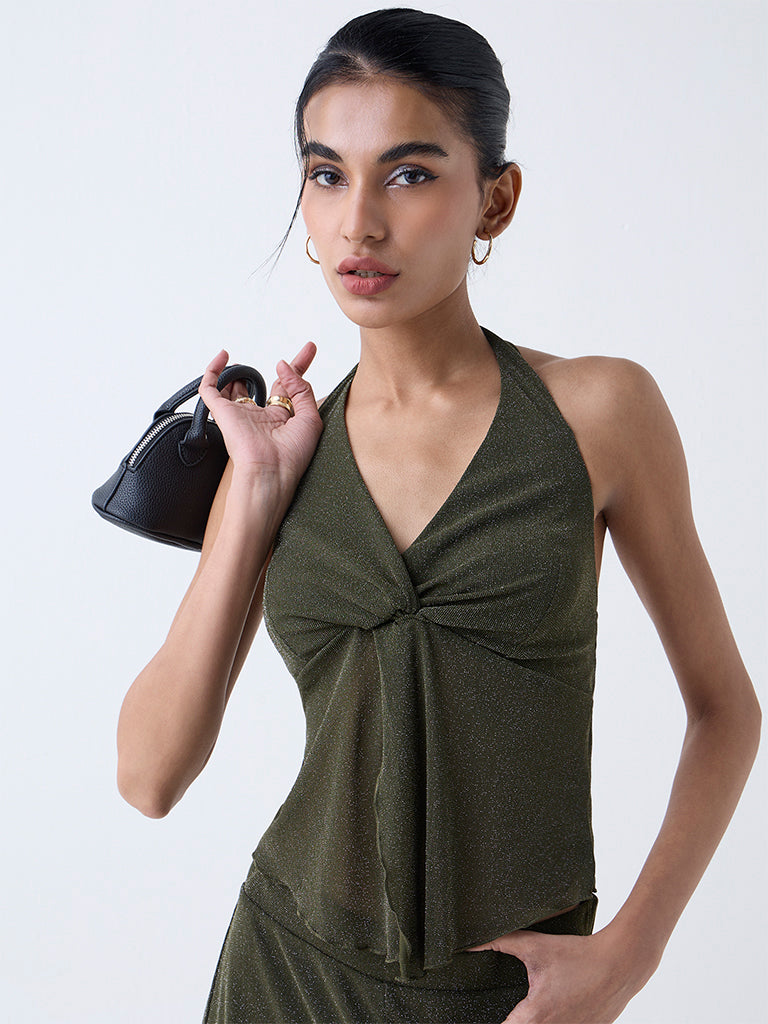 Nuon Olive Shimmer Detailed Halter-Neck Top
