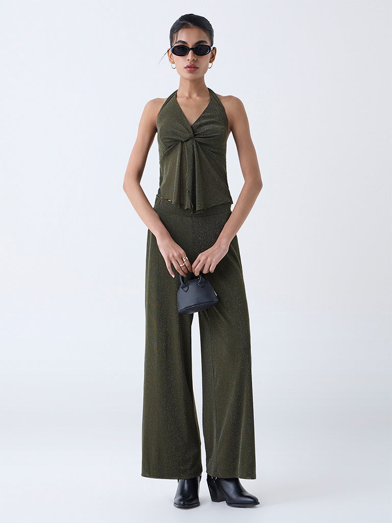 Nuon Olive Shimmer Detailed Halter-Neck Top