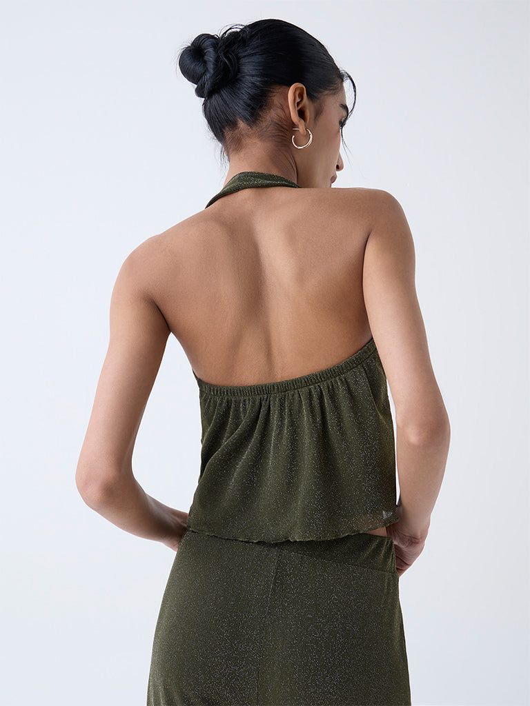 Nuon Olive Shimmer Detailed Halter-Neck Top