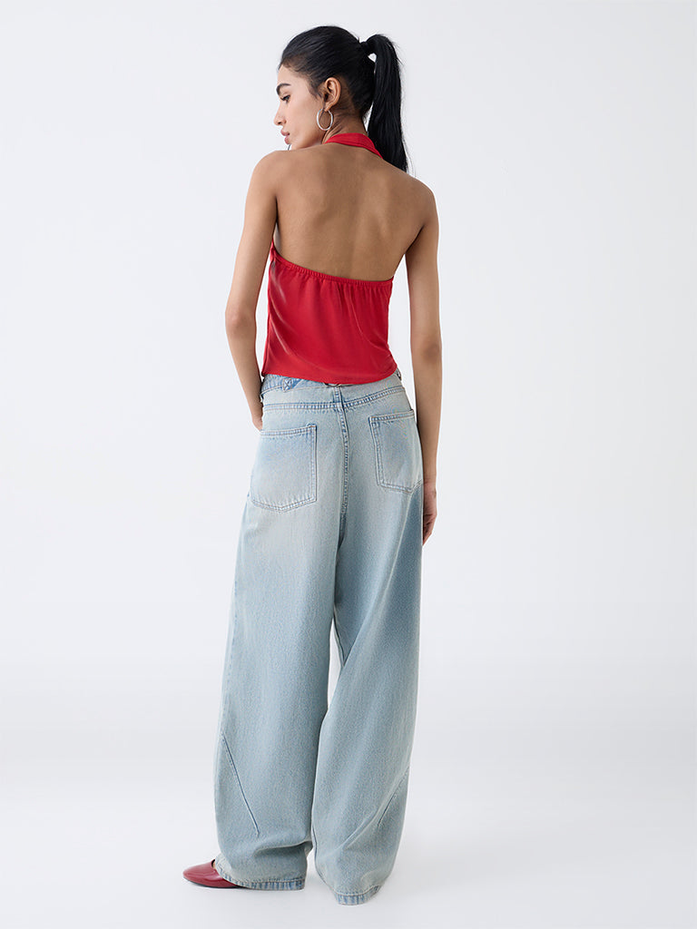 Nuon Red Rosette-Detailed Halter-Neck Top