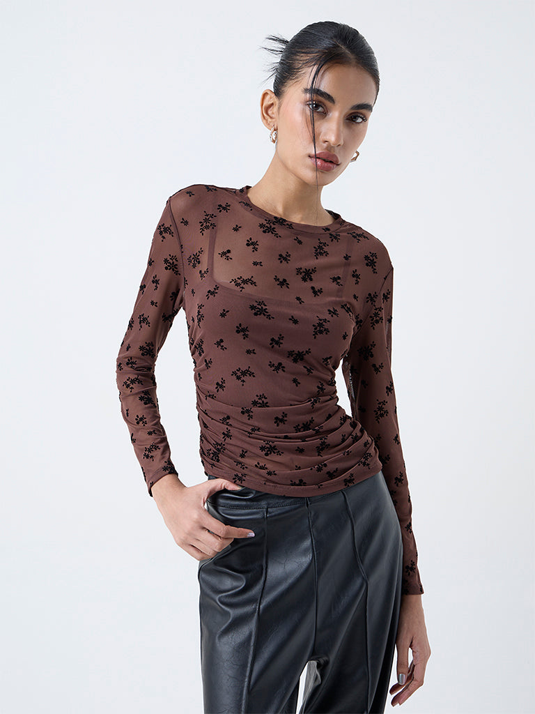 Nuon Brown Floral Printed Mesh Top
