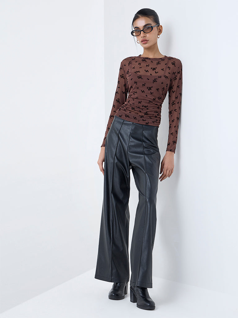 Nuon Brown Floral Printed Mesh Top