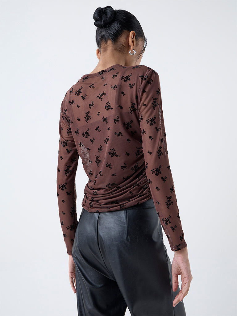 Nuon Brown Floral Printed Mesh Top