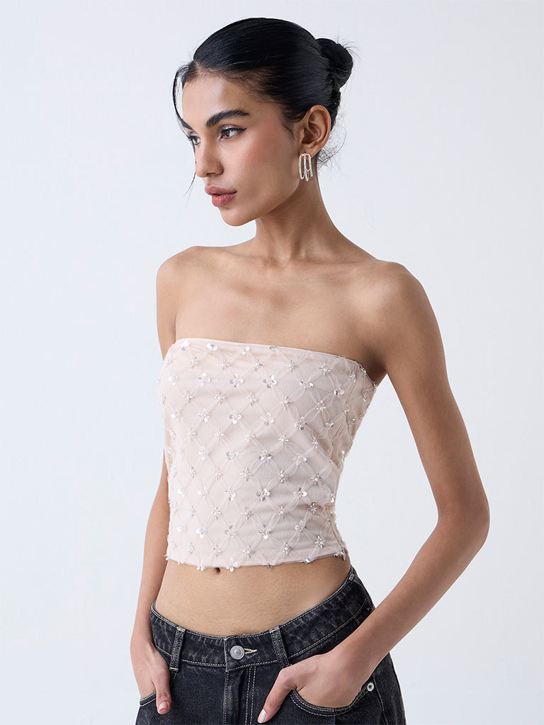 Nuon Beige Sequin Embellished Tube Top