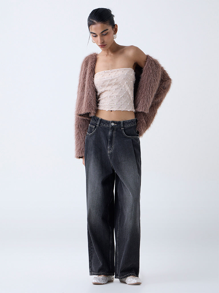 Nuon Beige Sequin Embellished Tube Top