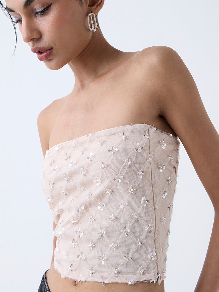 Nuon Beige Sequin Embellished Tube Top