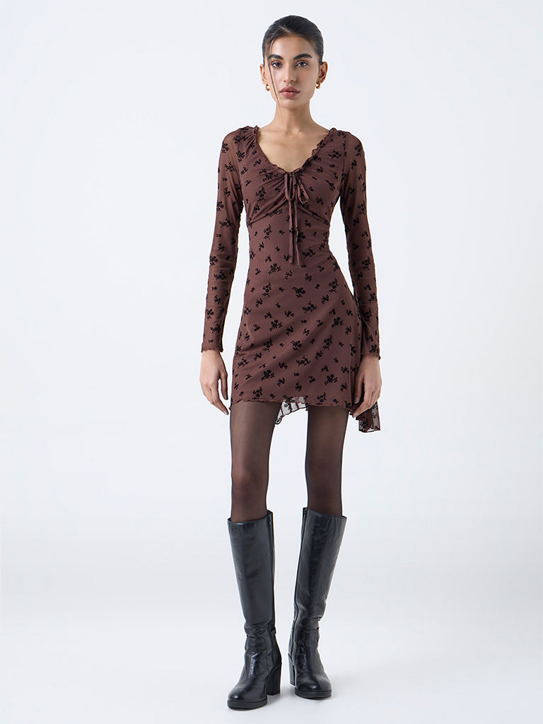 Nuon Brown Floral Printed Asymmetrical Dress