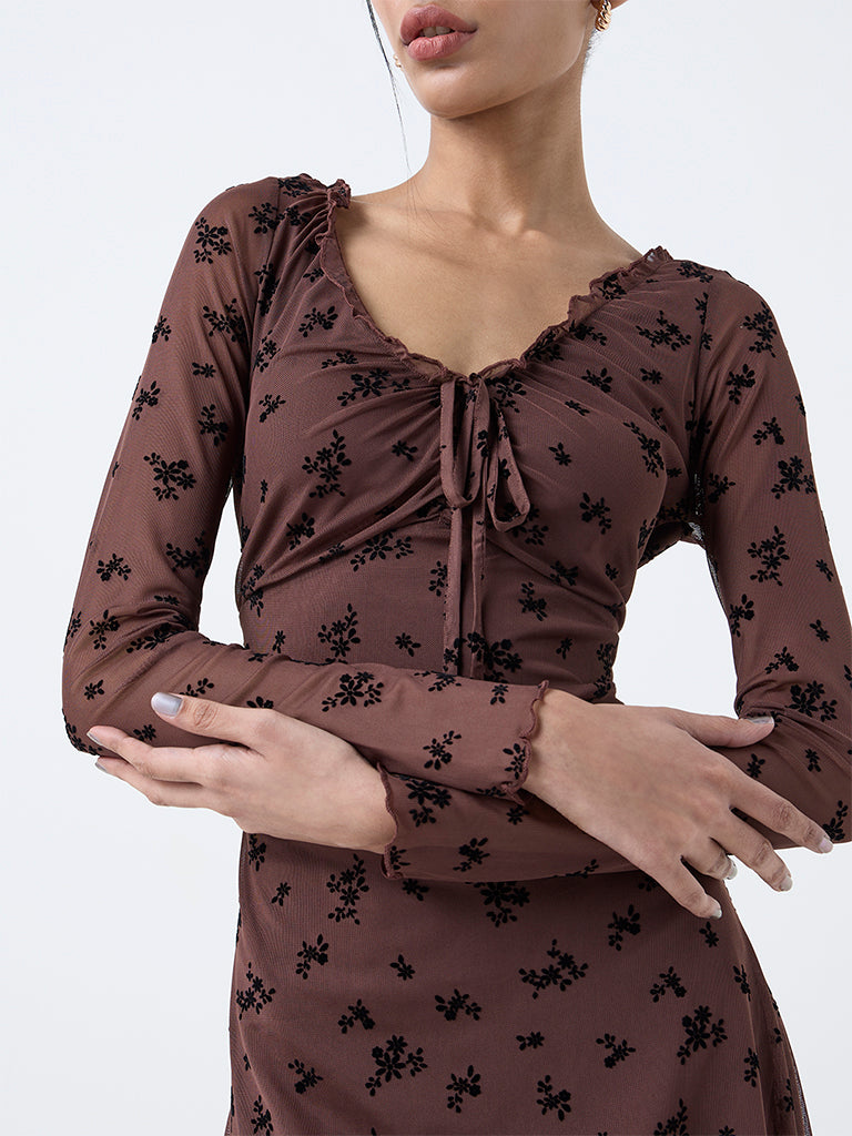 Nuon Brown Floral Printed Asymmetrical Dress