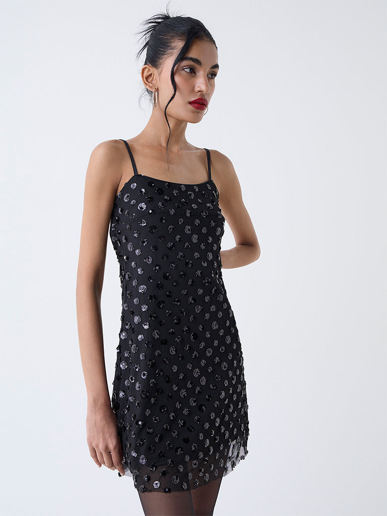Nuon Black Sequin Embellished Party A-Line Dress