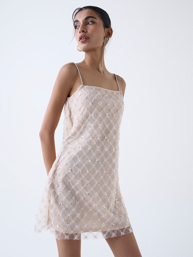 Nuon Beige Sequin Embellished Shift Dress