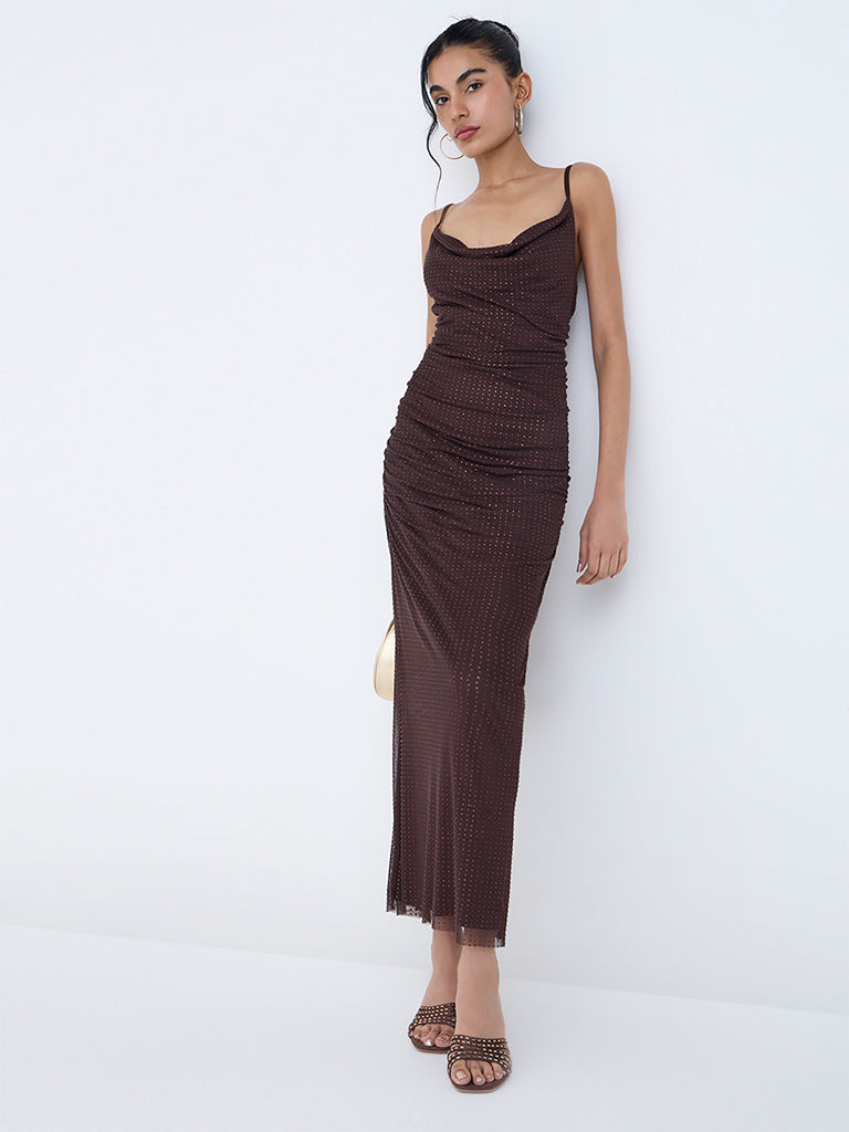 Nuon Dark Brown Embellished Party Bodycon Dress